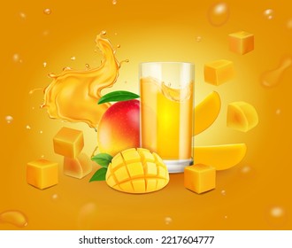 Fresh mango juice Advertising. Realisitc juice glass, yellow splash and fruits slices. Vector