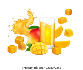 Fresh mango juice with fruit slices, drinking glass, splash of mango beverage advertising. Vector illustration.