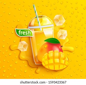 Fresh mango juice with ice and slice fruits, splash and aptetic drops on background for brand, logo,template, label, emblem, packaging, advertising, store. Vector illustration.