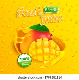 Fresh mango juice label with splash around the fruit slice with apteitic drops from condensation on background for brand,logo,label,emblem,packaging,ad.100 percent natural sap.Vector illustration.