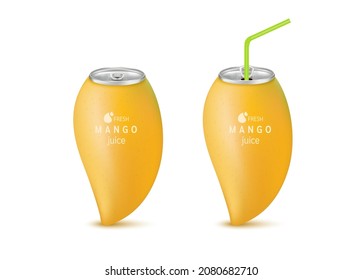 Frische Mango Saft Softdrink mit Deckel Aluminium Dose und trinken Stroh. Einzeln auf weißem Hintergrund. Konzept für gesundes Fruchtgetränk. Realistische 3D-Vektorgrafik EPS10.
