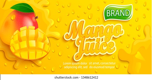 Fresh mango juice splash banner with apteitic drops from condensation, fruit slice on gradient yellow background for brand,logo, template,label,emblem,store,packaging,advertising.Vector illustration