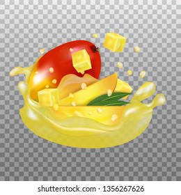 Fresh Mango and juice splash. Fruit 3d realistic vector illustration on transparent background.