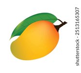 Fresh Mango with Leaves Vector Illustration vector illustration features a vibrant, fresh mango with its accompanying leaves. The mango is depicted with rich, golden-yellow tones.