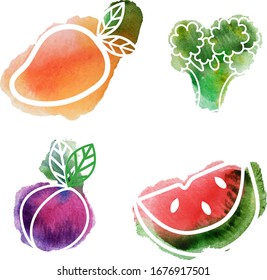 Fresh mango, lovely broccoli, juicy watermelon, delicious plum on a watercolor background. Vegan food set.