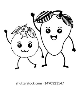 fresh mango and orange fruits kawaii characters