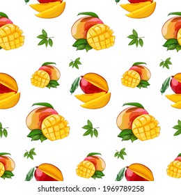 Fresh mango seamless pattern, on white background isolated. Vector illustration. Design for textile, wallpaper, fabric. Mango Fruit