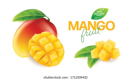 Fresh mango with slices and leaves Vector illustration 