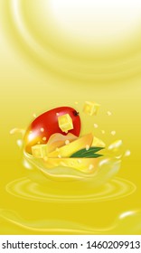 Fresh Mango. Splash juice. Fruit 3d realistic vector illustration. Package design or poster, advertising.