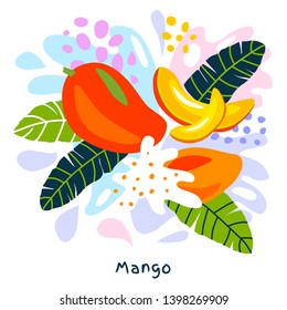 Fresh mango tropical exotic citrus fruits juice splash organic food juicy splatter on abstract background vector hand drawn illustrations