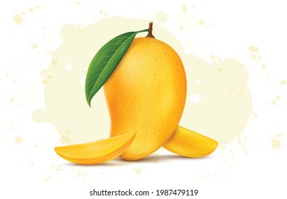 Fresh Mango tropical fruit with green leaf and slices vector illustration
