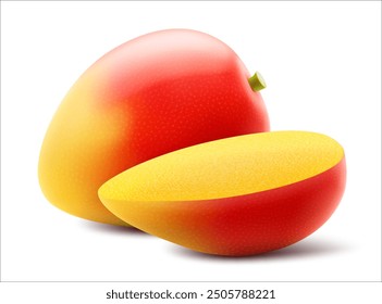 Fresh mango tropical fruit. Whole and slice exotic mango fruit isolated on transparent background. Summer tropical vitamin food. Realistic 3d vector illustration