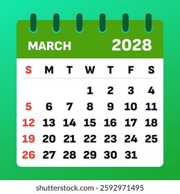 Fresh March 2028 calendar with a vibrant layout. Great for tracking seasonal changes, scheduling events, and managing daily tasks efficiently