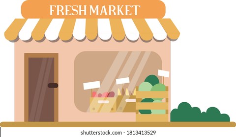 Fresh Market Building Flat Vector Illustration