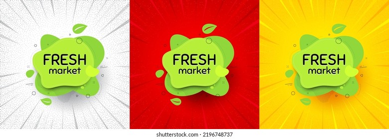 Fresh market food banner. Flash offer banner, coupon or poster. Organic bio product tag. Vegetarian eco icon. Fresh market promo banner. Retail marketing flyer. Starburst pop art. Vector