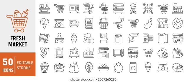 Conjunto de colección de icono de mercado fresco. Contiene carrito, cesta, tienda de comestibles, supermercado, consumidor, alimentos, verduras, icono de comida. Vector de línea simple.