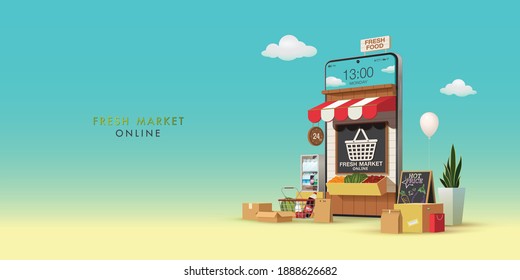 Fresh Market Online Banner, Online Market on Mobile Application with Fruit, Vegetable, Fresh Food, milk, drinks and natural product, Online Ordering Vector Illustration Background