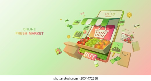 Fresh Market Online And Natural Product, Fresh Fruit, Vegetable, Drinks, Organic Food, Local Farm Shop, Vector Illustration Infographic Concept