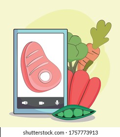 fresh market smartphone meat carrot peas organic healthy food with vegetables vector illustration