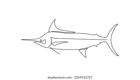 Fresh Marlin, Swordfish, Sailfish in continuous line art drawing style. Marlin, Swordfish, Sailfish fish concept in doodle style on white background. Vector illustration