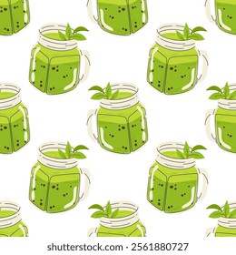 Fresh matcha smoothie with tapioca. Trendy glass jar. Green tea drink. Seamless pattern for textile, wrapping paper, background.