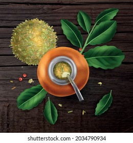 Fresh mate tea in calabash on wooden surface with green leaves top view realistic vector illustration