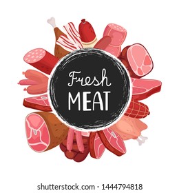 Fresh meat banner. Vector cartoon sausages, meat, chicken. Farm market food badge design. Illustration of food meat, wurst and salami, barbecue steak