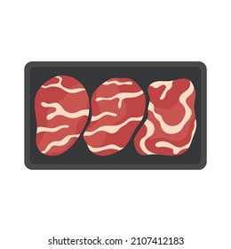 fresh meat beef steak in plastic package, raw beef pieces isolated on white background, organic product, supermarket product