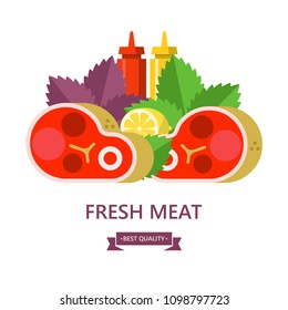 Fresh meat. Big beef steak, lemon, Basil leaves, ketchup and mustard. Vector illustration.