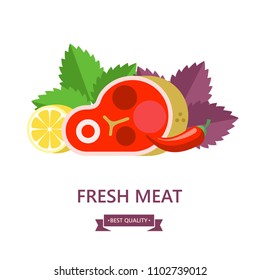 Fresh meat. Big beef steak, lemon, Basil leaves,chili. Vector illustration.