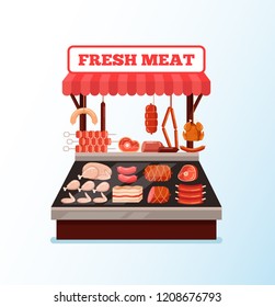 Fresh meat butcher street store market full of fresh meat goods. Vector flat cartoon graphic design isolated illustration