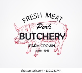 Fresh Meat Butchery Pig. Vector illustration sign, symbol, emblem or logo template. Vintage design with hand drawn sketch. Line art style.