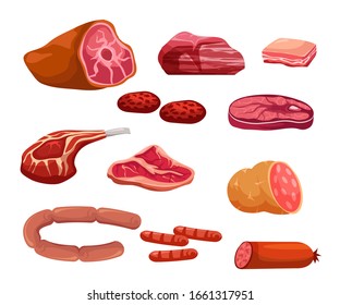 Fresh meat cartoon color vector illustrations set. Butcher shop assortment. Sausages, sliced salami, pork, bacon, ham. Raw steak isolated clipart. Uncooked chicken leg. Protein rich meal ingredients