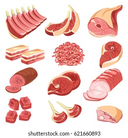 Cortes de carne frescos coloridos colección vectorial sobre blanco