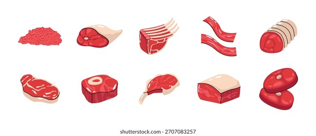 Illustrationssatz für frische Fleischstücke, Illustrationssammlung für rohe Rindfleisch- und Lammfleischstücke
