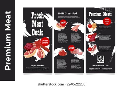 Fresh meat deals sale discount store market commercial poster set vector illustration. Butchery menu special offer steak bacon fillet gastronomy sausage gourmet delicious advertising supermarket