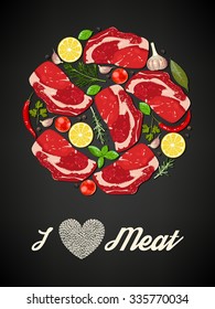 Fresh meat and different spices vector composition