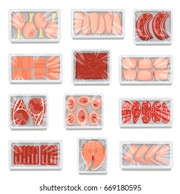 Fresh meat and fish in plastic or styrofoam serving trays. Butcher shop product.
Set of objects isolated on white. Flat style, transparent shadows.