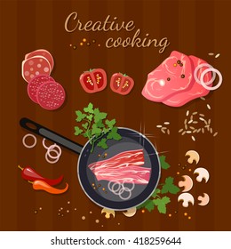 Fresh meat in a frying pan delicious pieces of meat food background tasty grilled meat vector illustration 