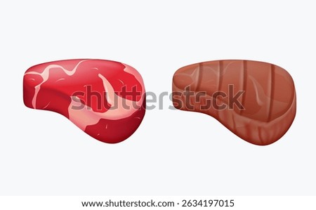 Fresh meat and grilled meat 3D render vector illustration. BBQ food product. Medium rare and rare meat. Fresh pork and beef steak. BBQ sign. Raw meat isolated