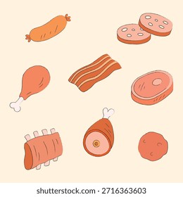 Ilustración de carne fresca doodle Vector Clip de dibujos animados aislado arte. Dibujado a mano de salchichas, salami, costillas, jamón, albóndiga, tocino para activo, promoción, libro, diseño
