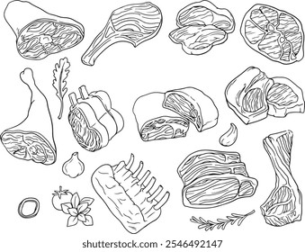 Fresh meat illustration set. Clorful set - Black line vector