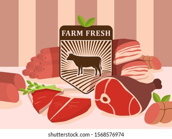 Fresh meat from local farm, vector illustration. Butcher shop food store assortment, booklet cover. Beef steak slice and ham, graphic product label with cow on field. Meat shop advertisement poster