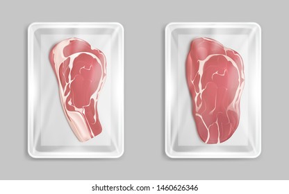 Fresh meat marble beef steak in plastic package, raw beef pieces isolated on grey background. Organic product, element for advertising of farmers market. Realistic 3d vector illustration, clip art