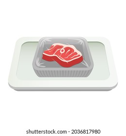 Fresh meat marble beef steak in plastic package, raw beef pieces isolated on white background. Organic product, element for advertising of farmers market. Realistic 3d vector illustration, clip art