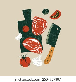 Fresh meat on the cutting board with chefs axe and tomatoes. Food vector design template