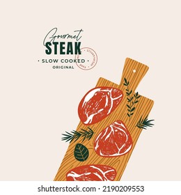 Fresh meat on the wooden cutting board. Food design template. Vector illustration.