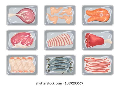 Fresh meat in packages set, supermarket box. Butchery natural food. Vector flat style cartoon meat illustration isolated on white background