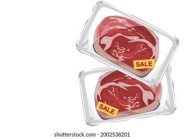 fresh meat in a plastic pack. Isolated pice of meat prepared on white plate and wrap with plastic wrapped, uncooked ingredient on white background. Anime food handrawing vector illustration.