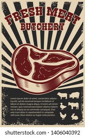 Fresh meat. Poster template with meat cut on grunge background. Vector illustration